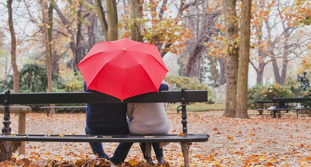 Umbrella Insurance, couple on bench, Sprouse